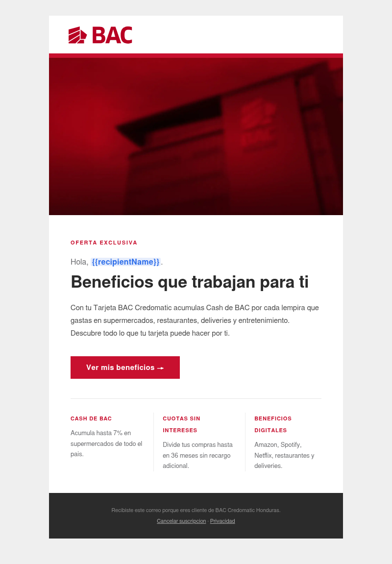 Tus beneficios exclusivos te esperan en BAC Credomatic email template preview