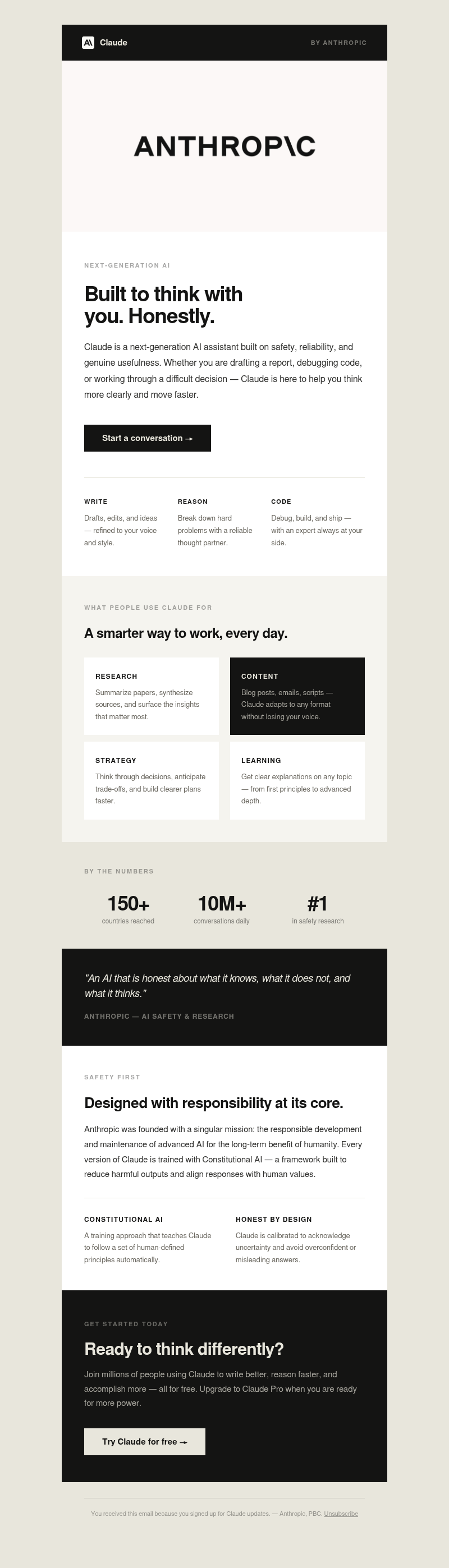 Claude — AI built to think with you, honestly. email template preview