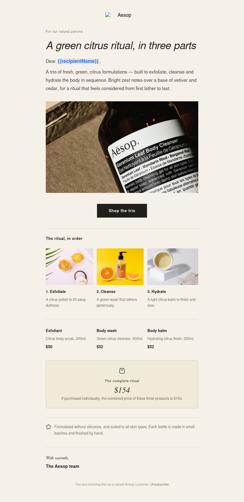 A green citrus ritual, in three parts — combined value $154 email template preview