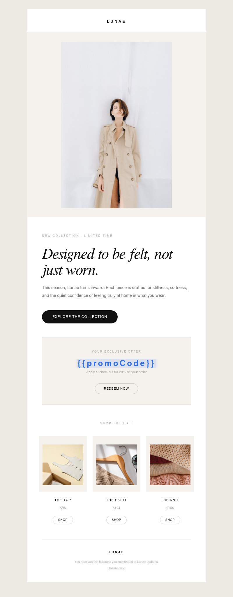 Lunae — A new collection crafted for how you feel. email template preview
