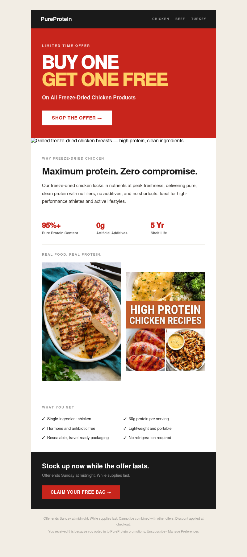 Buy One Get One Free — PureProtein Freeze-Dried Chicken email template preview