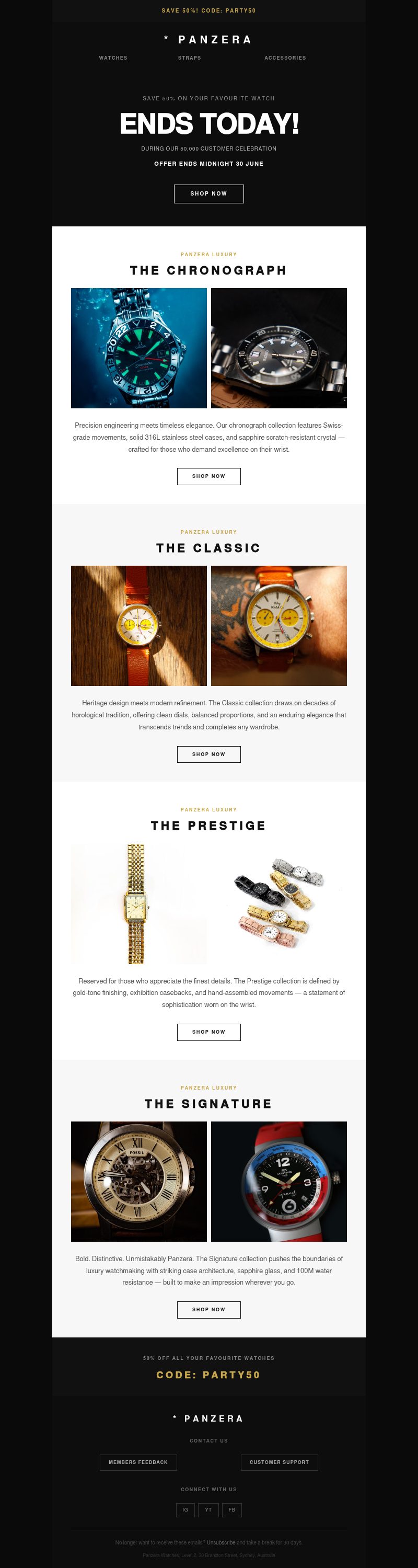 ENDS TODAY — Save 50% on your favourite Panzera watch email template preview